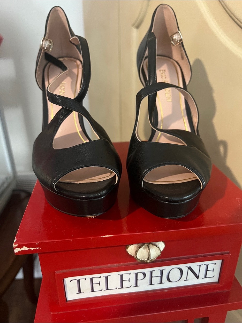 Black Strappy Peep-Toe Leather Platform Heels - Picture 2 of 6